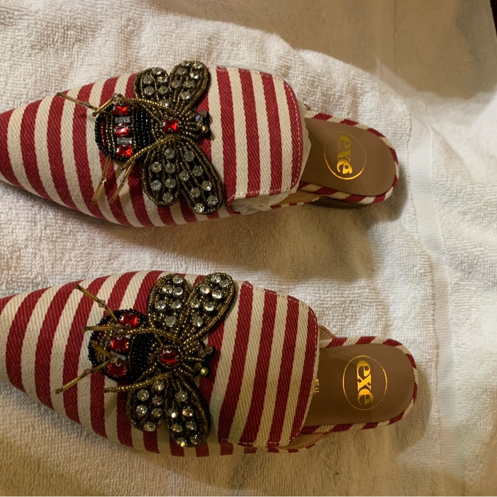 Exe loretta red and beige striped mules